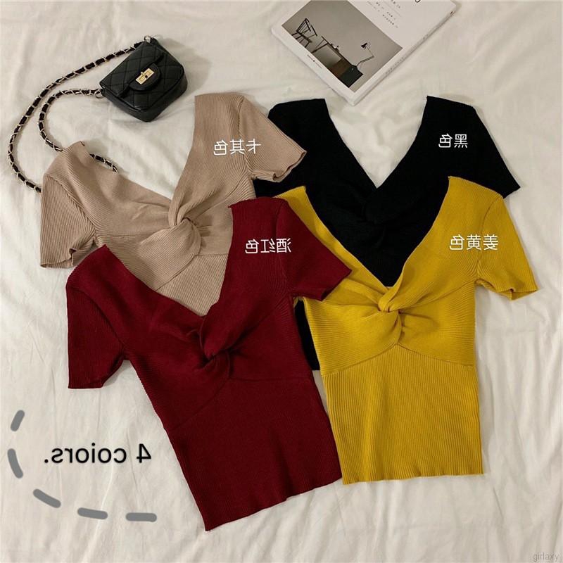 Áo Thun Dệt Kim Tay Ngắn Cổ Chữ V Màu Trơn Phong Cách Hàn Quốc