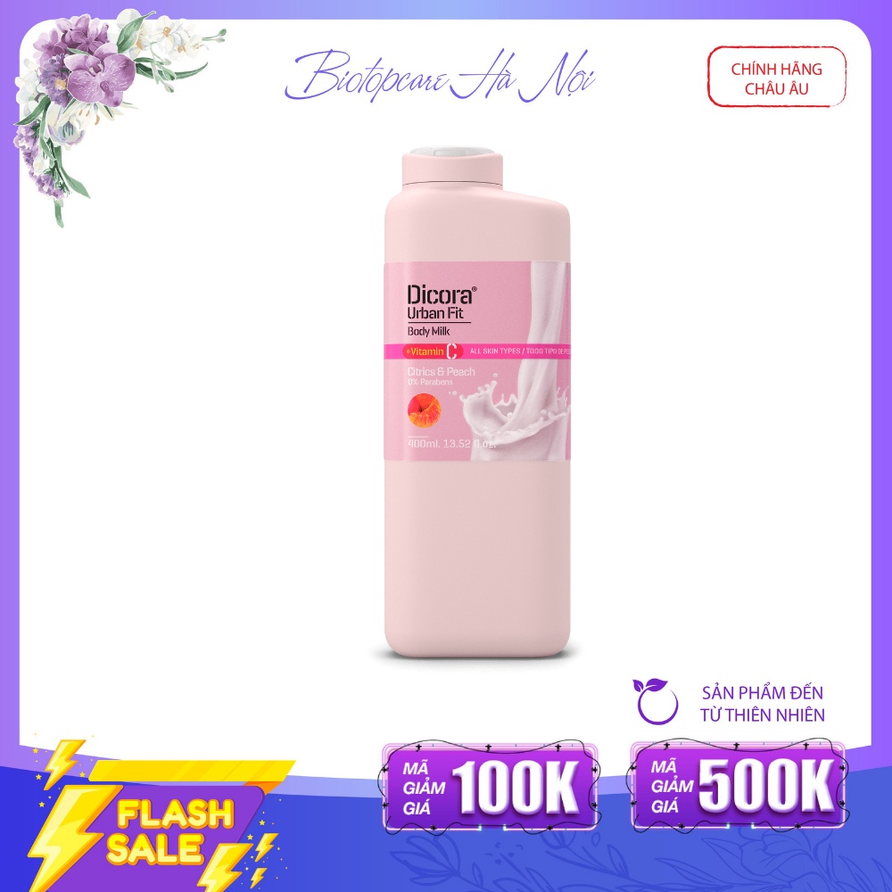 Sữa dưỡng thể Dicora Urban Fit citrics & peach vitamin C hương cam quýt và đào 400ml ngăn ngừa lão hoá, làm trắng da