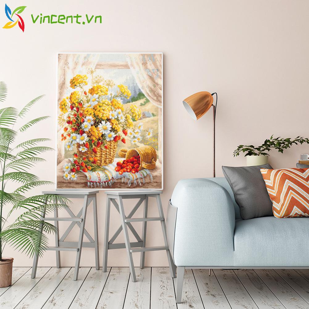 Bộ dụng cụ thêu tranh chữ thập họa tiết hoa cúc 11CT trang trí nhà cửa