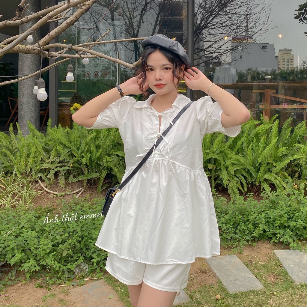 Áo babydol thắt nơ xinh đẹp, áo sơ mi nữ sinh ngắn tay V43 thời trang nữ emmei