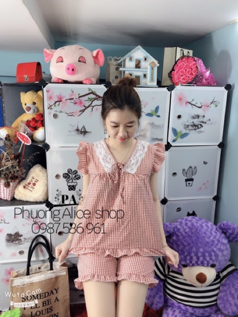 ❤️FREESHIP❤️ Đồ Bộ Mặc Nhà Đùi Caro Phối Ren Dễ Thương Cực