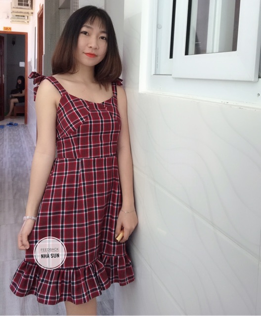 Đầm 2 dây caro đỏ form xoè mariko | BigBuy360 - bigbuy360.vn