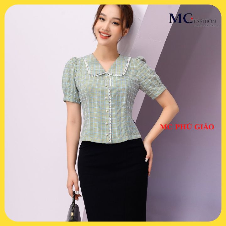 Áo Sơ Mi Kiểu Nữ Caro Đẹp Cao Cấp Công Sở Mc Fashion Màu Xanh Ghi Cổ Phối Ren TA1075