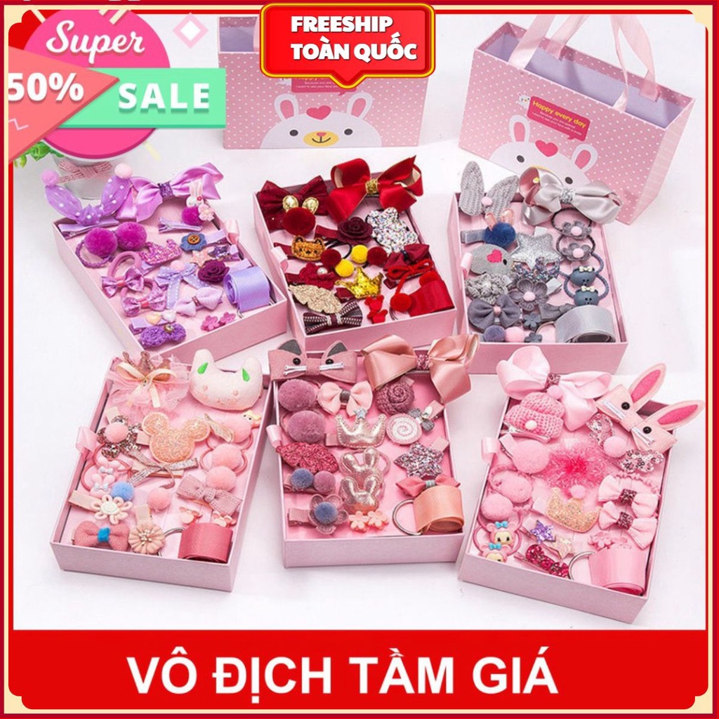 Hộp Phụ Kiện Nơ Kẹp Tóc Cho Bé ❤️RẺ VÔ ĐỊCH❤️ Hộp Dây Buộc Tóc 18 Chi Tiết Phong Cách Hàn Quốc Cho Bé Gái Siêu Xinh . .
