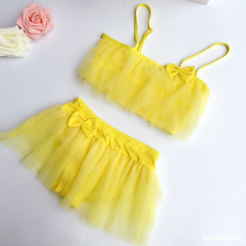 Bikini Bộ Bơi Đồ Bơi Bé Gái 2 Mảnh Rời Bèo Voan Đính Nơ Xinh Xắn Size M  - Hàng Nhập Quảng Châu