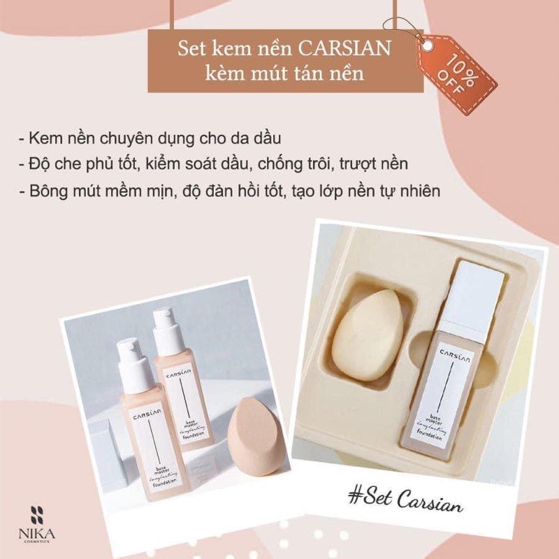 [NIKA STORY] Set kem nền kiềm dầu CARSIAN kèm mút tán nền