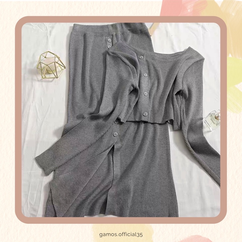Set Len Ghi Áo Croptop Chân Váy Bút Chì Xẻ Gamos