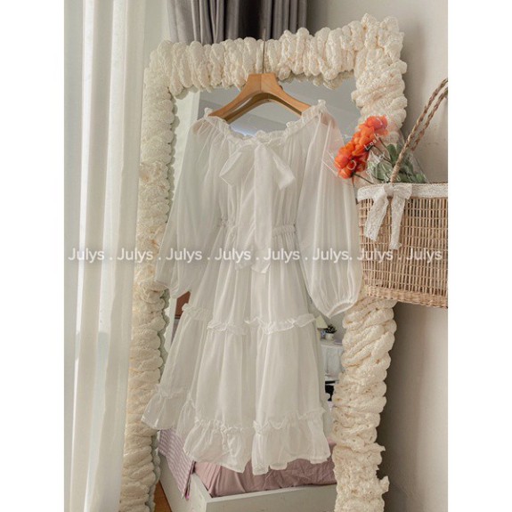 váy trễ vai trắng tay bồng dáng dài, đầm trễ vai tiểu thư dự tiệc năng động cho bán gái, chất đẹp rẻ