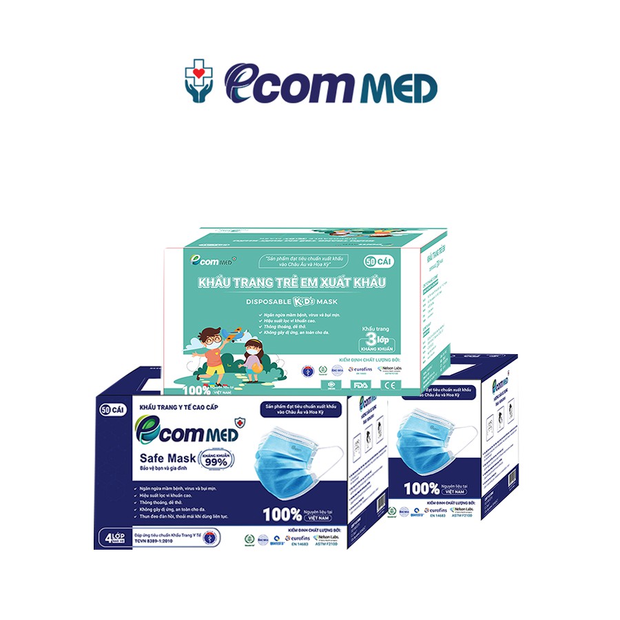 Combo 3 Hộp Khẩu Trang Y Tế EcomMed (2 Hộp 4 Lớp và 1 Hộp Trẻ Em) Thông Thoáng Không Đau Tai - Đạt chuẩn FDA