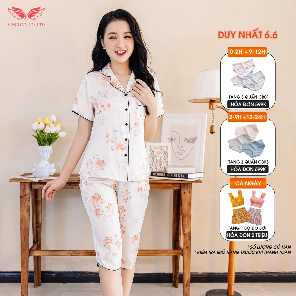 VINGO Bộ Đồ Mặc Nhà Nữ Kiểu Pijama  Lụa Pháp Cao Cấp Tay Cộc Quần Lửng Họa Tiết Chùm Hoa Nền Be H328 VNGO - TCQL