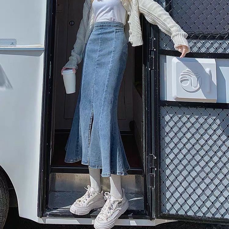 Jiashucheng Chân Váy Denim Đuôi Cá Lưng Cao Xẻ Tà Xinh Xắn
