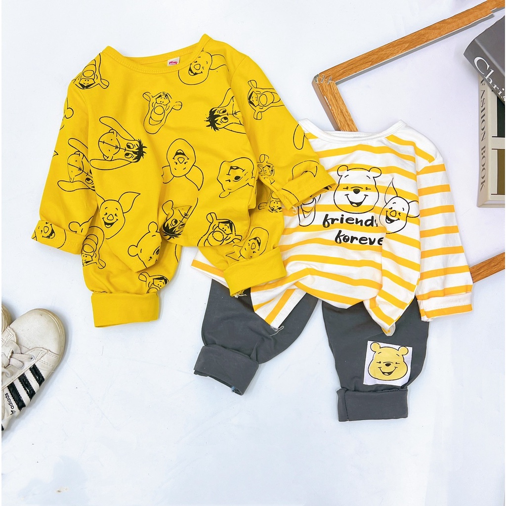 Bộ quần áo bé trai, bé gái, set bộ quần áo dài tay chất cotton họa tiết gấu Pooh cho bé