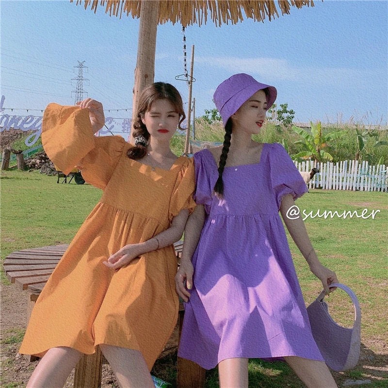 Đầm Chữ A Tay Phồng Cổ Vuông Form Rộng Phong Cách Hàn Quốc Mới