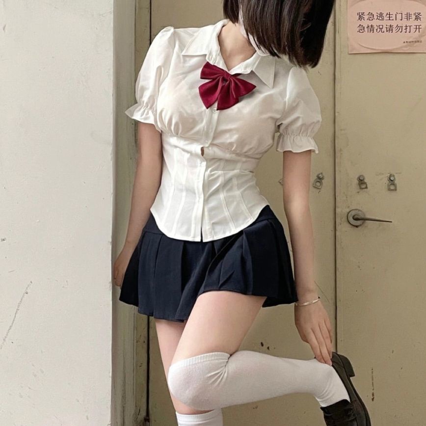 Bộ Áo Tay Phồng + Chân Váy Xếp Ly Lưng Cao Thời Trang Mùa Hè Phong Cách Preppy 2022 Mới