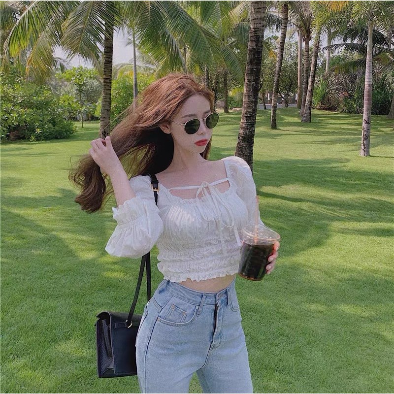 [Ảnh thật/sẵn] Áo Croptop Trễ Vai Chun Eo Xếp Ly Ngực Tay Bồng Mặc Đi Du Lịch Chụp Ảnh Siêu Xinh - Aperdo Fashion