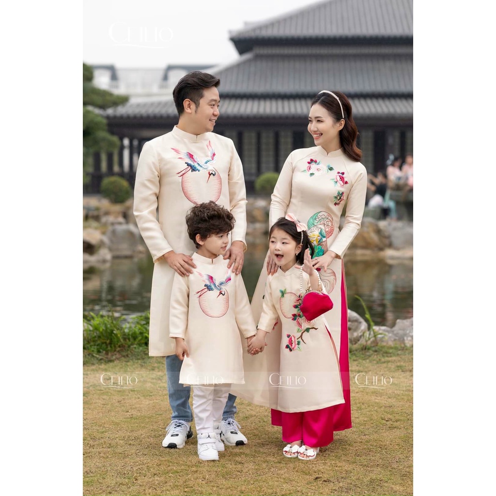Áo Dài Tết Gia Đình Áo Dài Truyền Thống Nam Nữ Chất Liệu Tatfa Cao Cấp Loại 1 Họa Tiết Thêu Tay Xinh Xắn Full Size