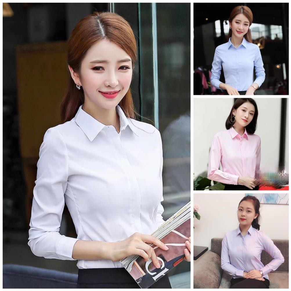 Áo sơ mi dài tay  Nữ Cổ Đức TRƠN bảng 4 màu - Kiểu sơ mi tay ngắn công sở đủ size S - 2XL .