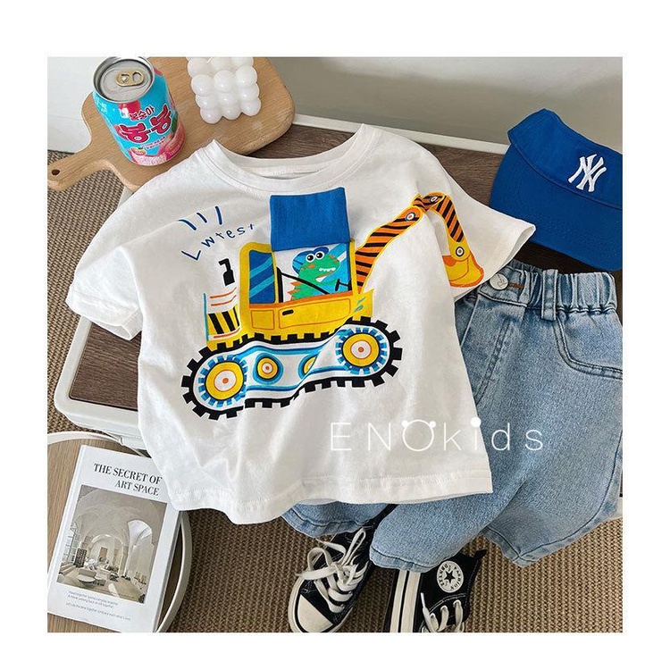 Áo Thun cotton Tay Ngắn Cổ Tròn Dáng Rộng Kiểu Hoạt Hình Khủng Long Ngộ Nghĩnh Phong Cách Nhật Bản Cho Bé