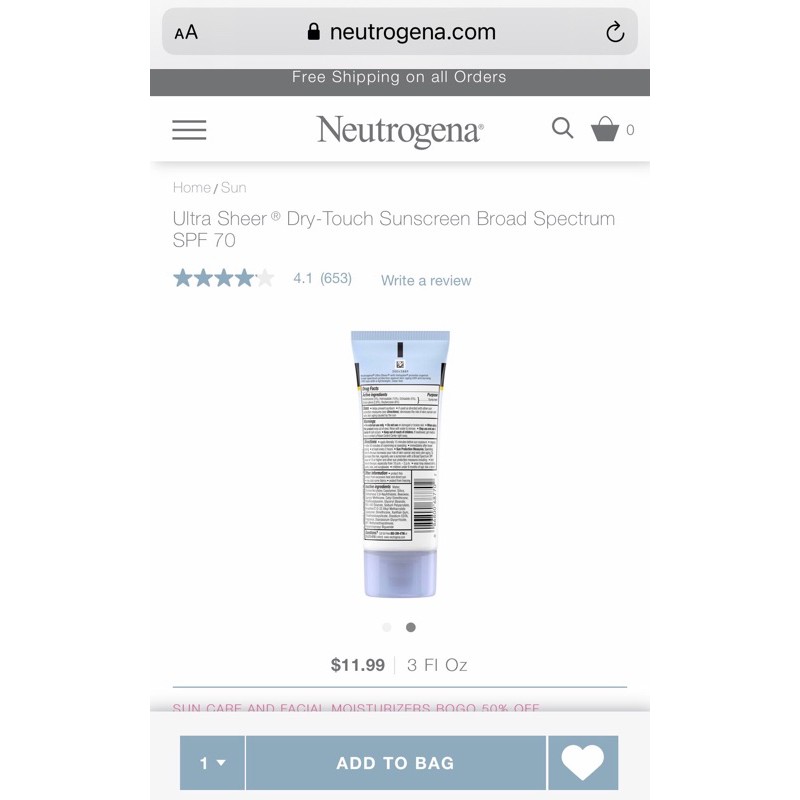 Kem chống nắng Neutrogena Ultra Sheer Dry Touch SPF 70+