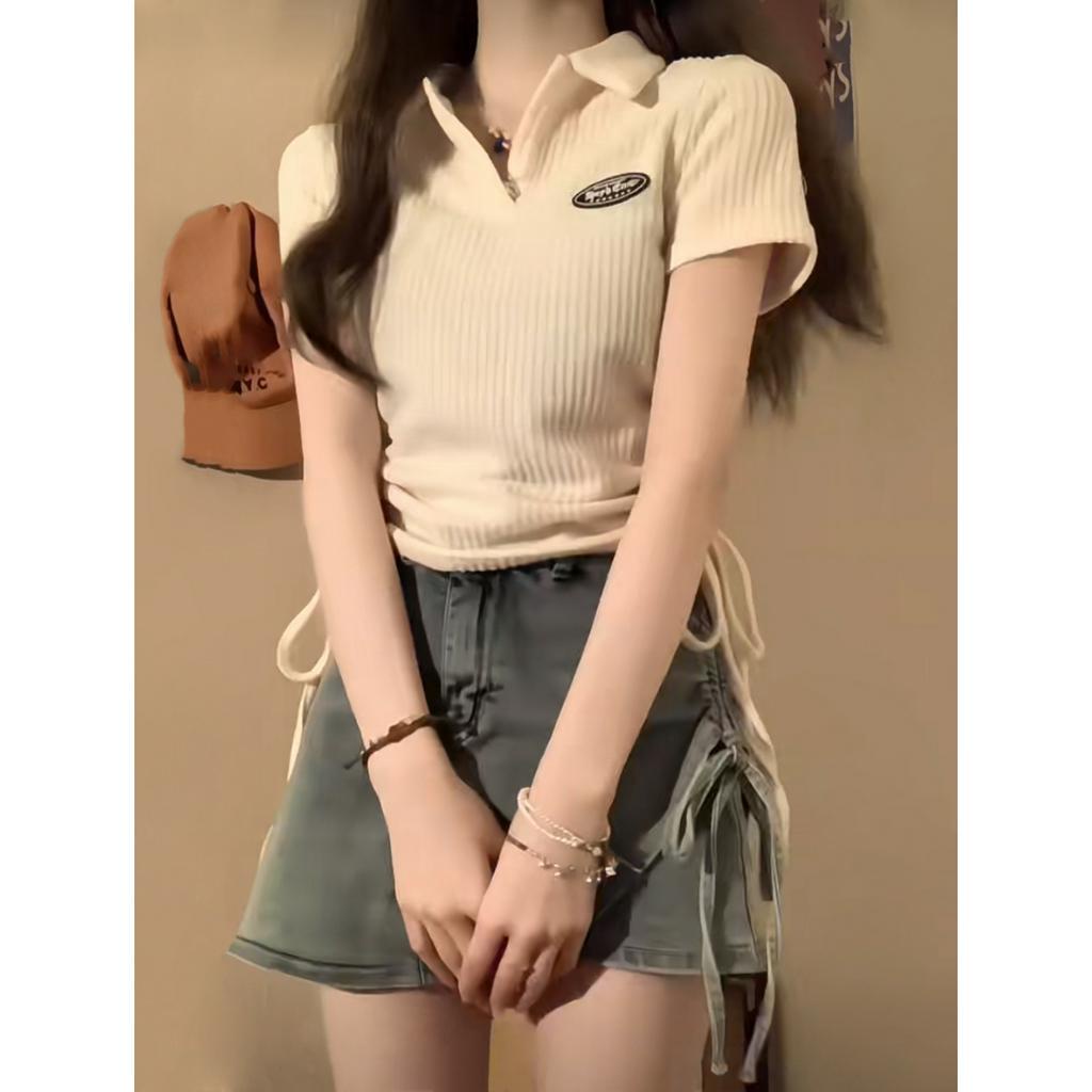 Ethelgirl Áo polo Ngắn Tay Ôm Dáng Phối Dây Rút Thời Trang Cho Nữ