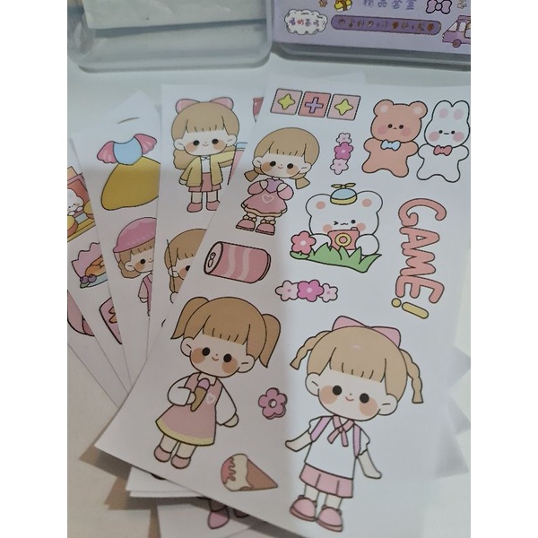 HỘP NHỰA 10 TỜ STICKER LỚN KÈM BÚT DAO CẮT STICKER CHUYÊN DỤNG VÀ 1 CÂY MIẾT STICKER, 2 CUỘN WASHITAPE  MÃ SZ45-05