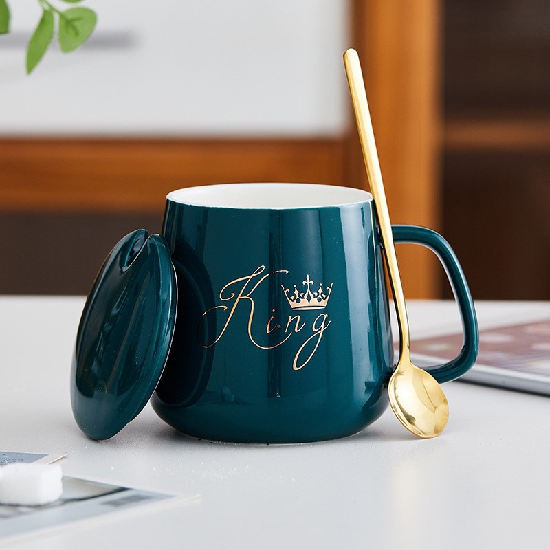 Ly cốc sứ uống trà cafe có nắp KING &amp; QUEEN kèm đế hâm nóng tự động cực đẹp