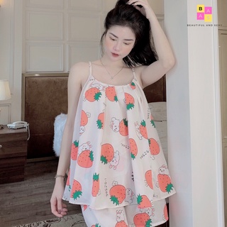 Bộ pijama lụa mango cao cấp, bộ pyjama 2 dây cột nơ quần đùi hoạ tiết quả dâu dễ thương DN02