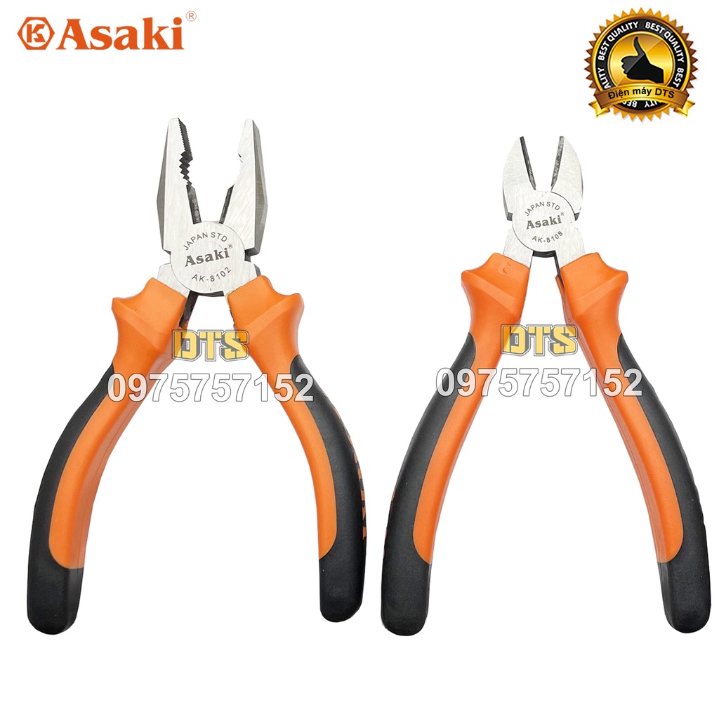 Bộ 2 kìm điện - kìm cắt 6 inch kiểu Đức Asaki, kềm đa năng A+cut Tech thép CR-V siêu cứng bền cắt tuốt dây điện kim loại