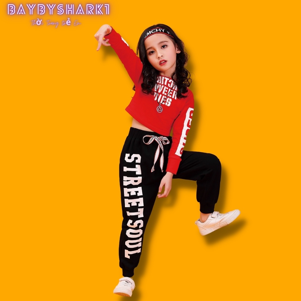 Đồ Thu Đông Cho Bé Gái, Đồ Bộ Bé Gái Cá Tính, Phong Cách Hip Hop Từ Size Nhí Đến Size Đại BAYBYSHARK1_Croptop Đen Đỏ