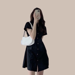 Đầm váy nữ basic cổ sơ mi cài cúc chiết eo lưng chun-SIKY VX09