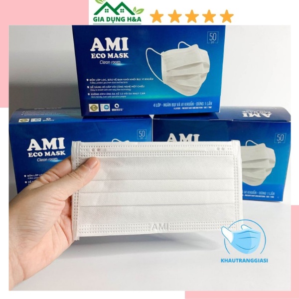 Khẩu trang y tế Ami màu trắng hàng 4 lớp kháng khuẩn 50 chiếc cao cấp