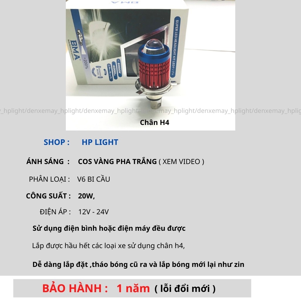 Đèn Pha Led Xe Máy Bi Cầu 2 Màu Cos Vàng Pha Trắng H4 Siêu Sáng Chính Hãng BMA HPLight V6