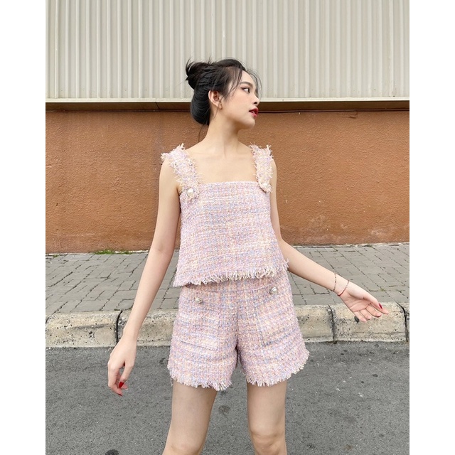 WHITELAZZ | Set áo và quần shorts yếm màu hồng - Triny Tweed Set