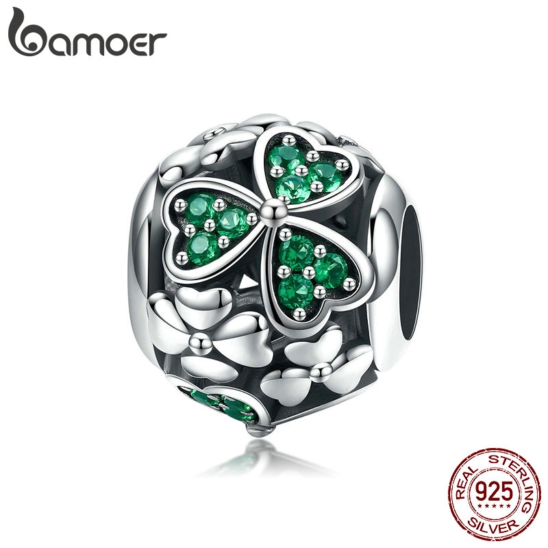 Hạt Charm Bamoer SCC964 Bằng Bạc 925 Họa Tiết Hoa Pha Lê Xanh Dùng Làm Vòng Tay/ Dây Chuyền Độc Đáo