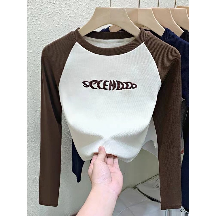 Jiashucheng Áo Thun Tay Dài Dáng Ôm Thêu Họa Tiết Màu Sắc Tương Phản Thời Trang Xinh Xắn Cho Nữ