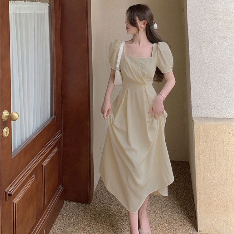 IELGY     Đầm Cổ Vuông Nhấn Eo Phong Cách Pháp Thời Trang Cho Nữ