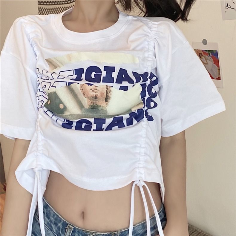 Áo Thun Ngắn Tay Phối Dây Rút Cá Tính Dành Cho Nữ