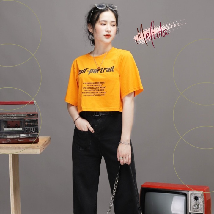 Áo croptop ôm tay ngắn kiểu dáng thun suông basic chất vải dày dặn màu cam cá tính sexy thời trang Hàn Quốc