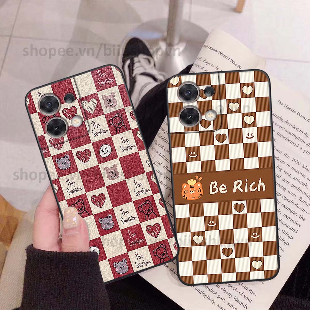 Ốp Oppo RENO 8 5G gấu Bear rick caro vuông thời trang siêu đẹp