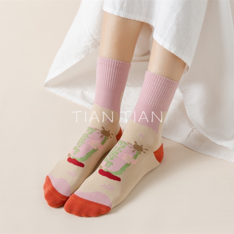 TIAN TIAN T142 Vớ Cotton Cổ Cao Vừa Tất In Họa Tiết Mặt Cười Hoạt Hình Phong Cách Hàn Quốc Thời Trang Thu Đông Cho Nữ