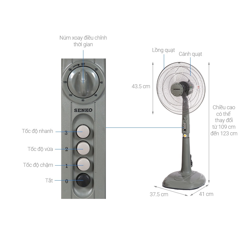 Quạt đứng Senko có hẹn giờ DH1600 - Hàng chính hãng
