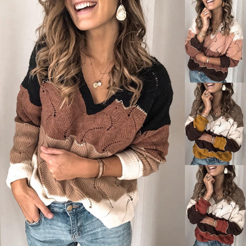 Áo Sweater Dệt Kim Cổ V Tay Dài Kẻ Sọc Phối Màu Dễ Thương Cho Nữ