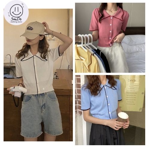 Áo Len Dệt Kim Tay Ngắn Cổ Cánh Bướm Độc Lạ Phong Cách Hàn Quốc Smide Clothing