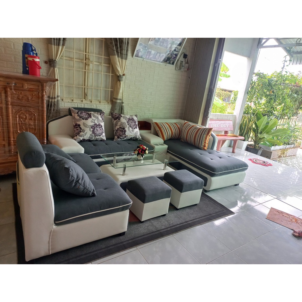 Sofa Vải Kết Hợp Simili Hiện Đại - Ghế sofa góc L bọc vải có ngăn đựng nước Thắng Lợi