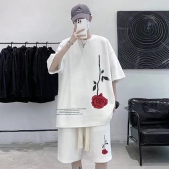 [M-3XL] Bộ Áo Thun + Quần Lửng In Hoa Hồng Phong Cách Mùa Hè Giản Dị Dễ Phối Đồ Cho Nam