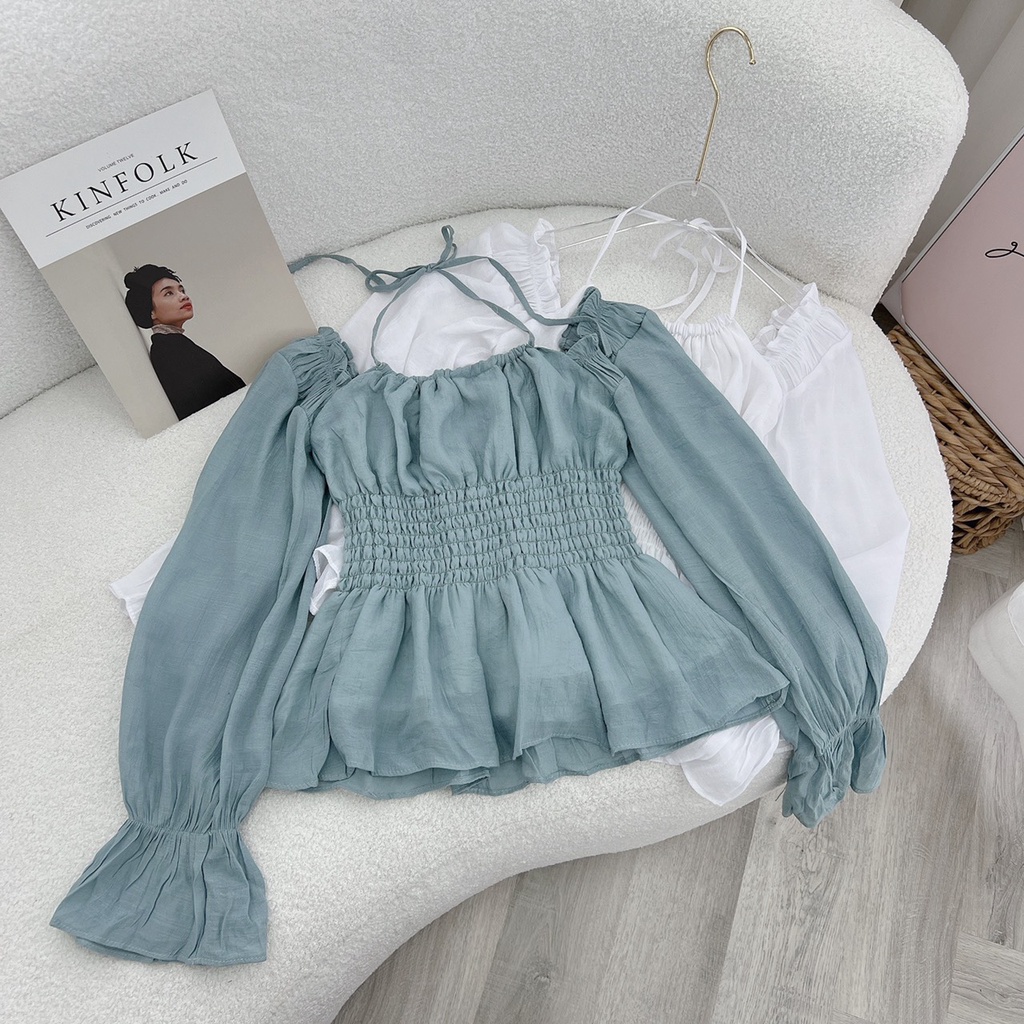 Áo peplum nhún chỉ eo dây yếm KÈM ẢNH THẬT