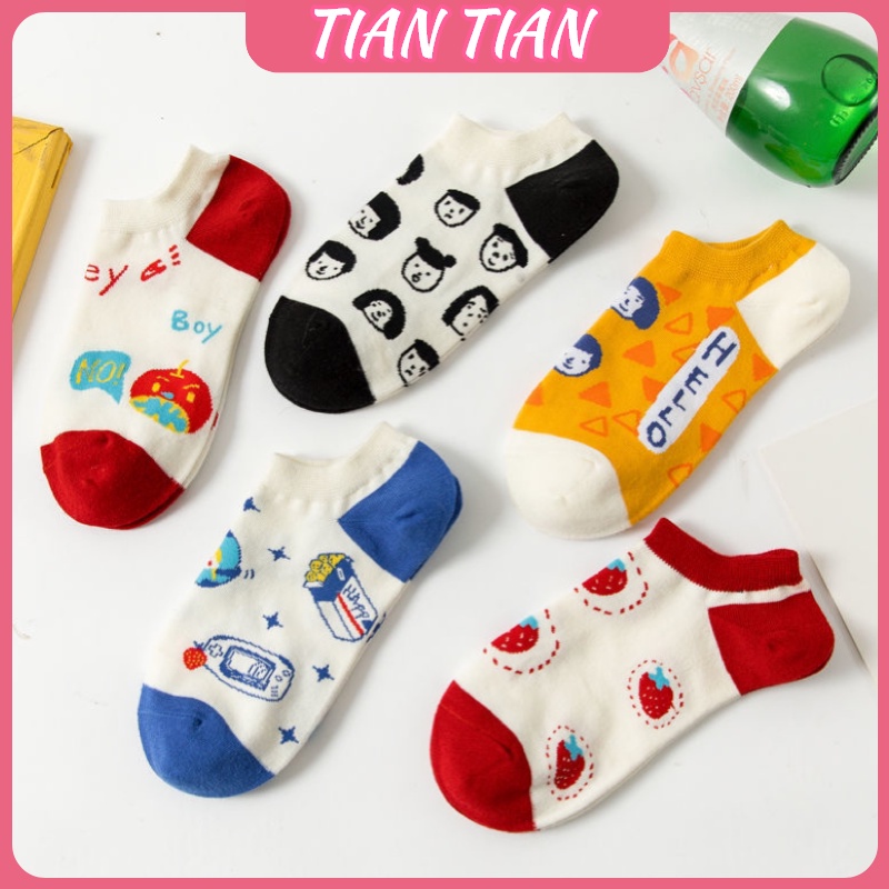 TIANTIAN T027 Tất nữ ngắn cổ Vớ Thuyền In Hoạt Hình Dễ Thương Phong Cách Nhật Bản Hàn Quốc Cho Cặp Đôi