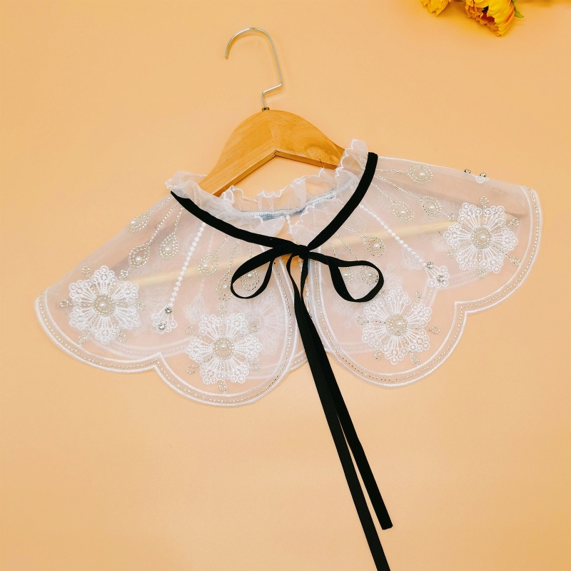 Cổ áo giả thắt nơ thêu họa tiết đính ngọc trai dành cho nữ