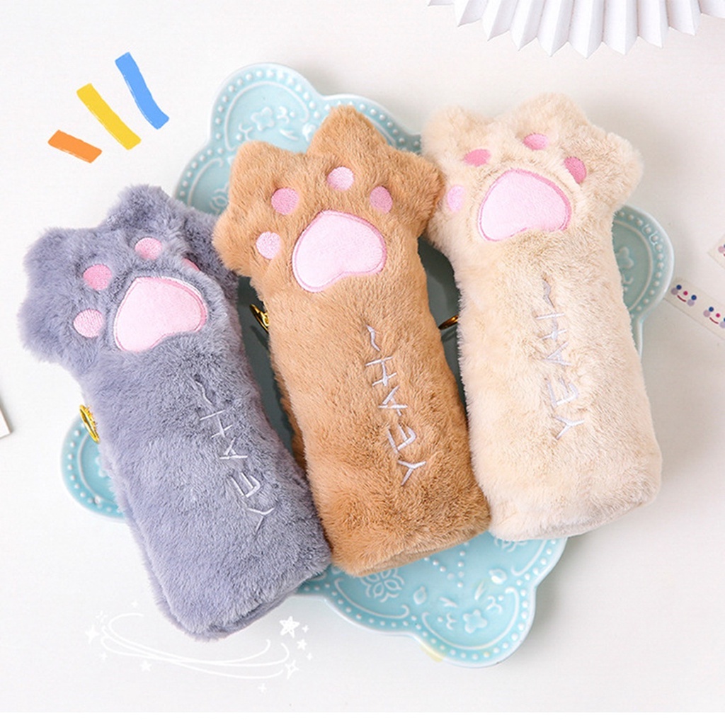 Túi Đựng Bút Hình Chân Mèo Phối Lông Mềm Sức Chứa Lớn Dễ Thương