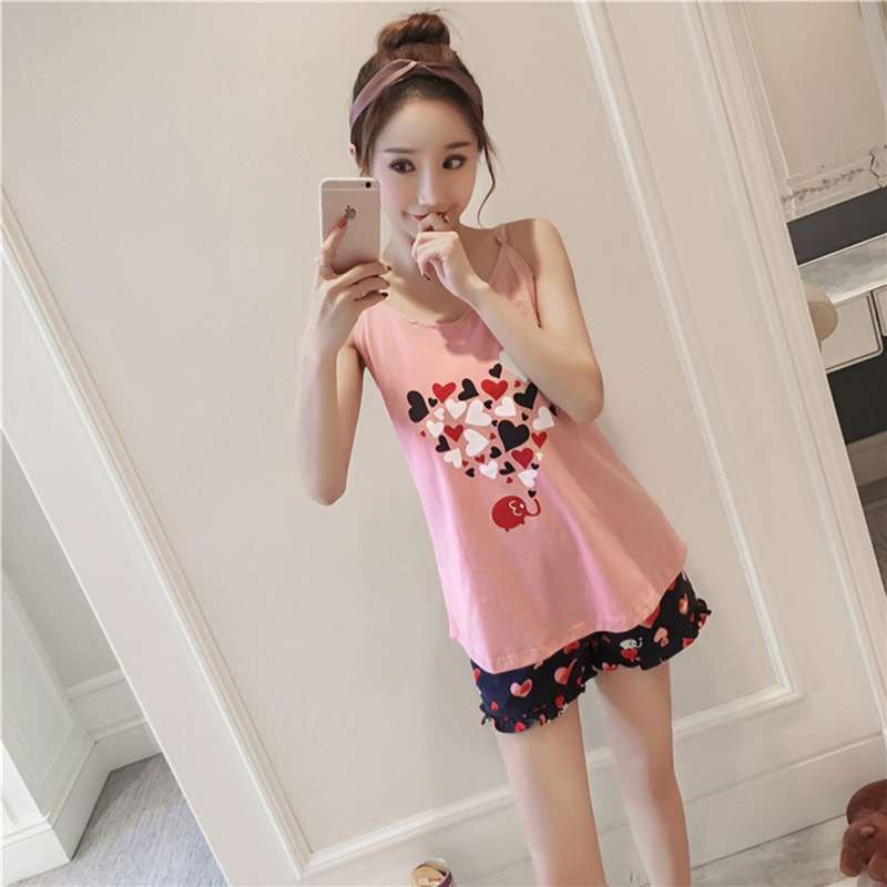 Set đồ ngủ áo 2 dây kèm quần sọt in chữ phối họa tiết hoạt hình dễ thương cho nữ